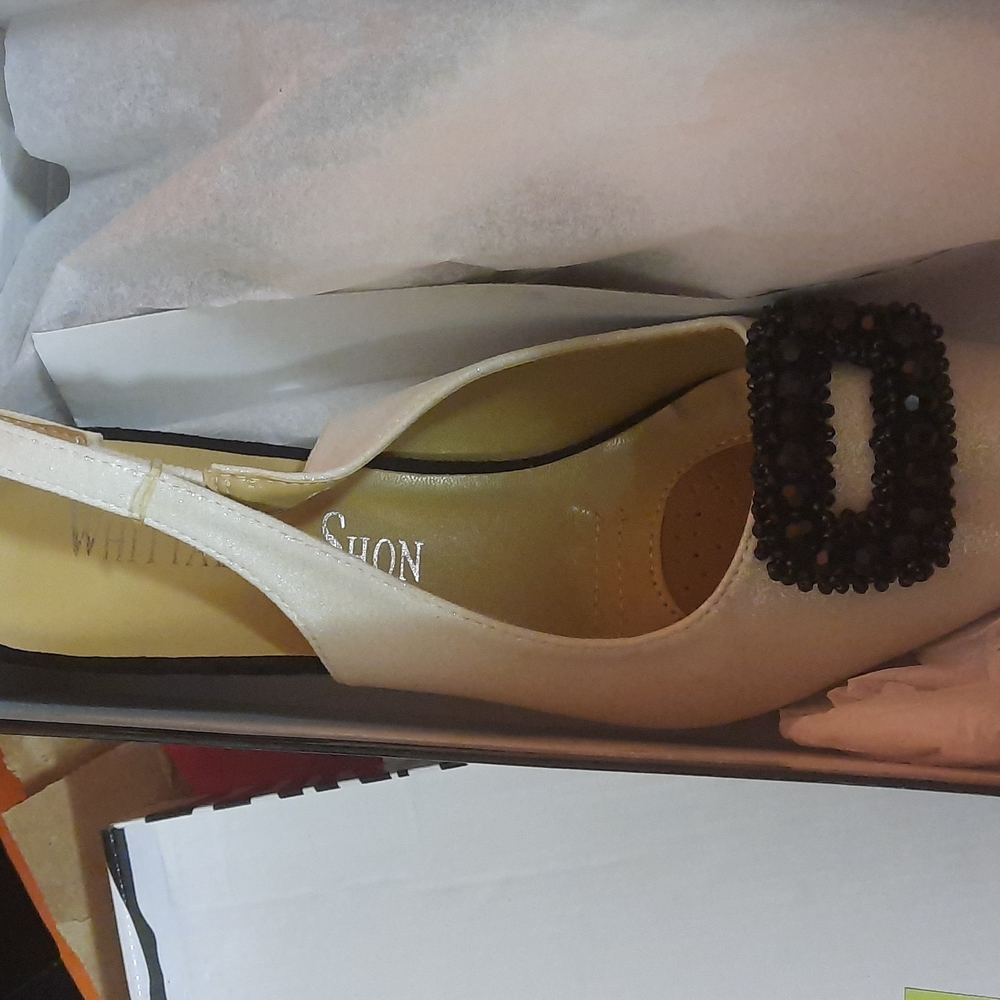 NWOT Whittall & Shon stone metallic sling back with beaded buckle.